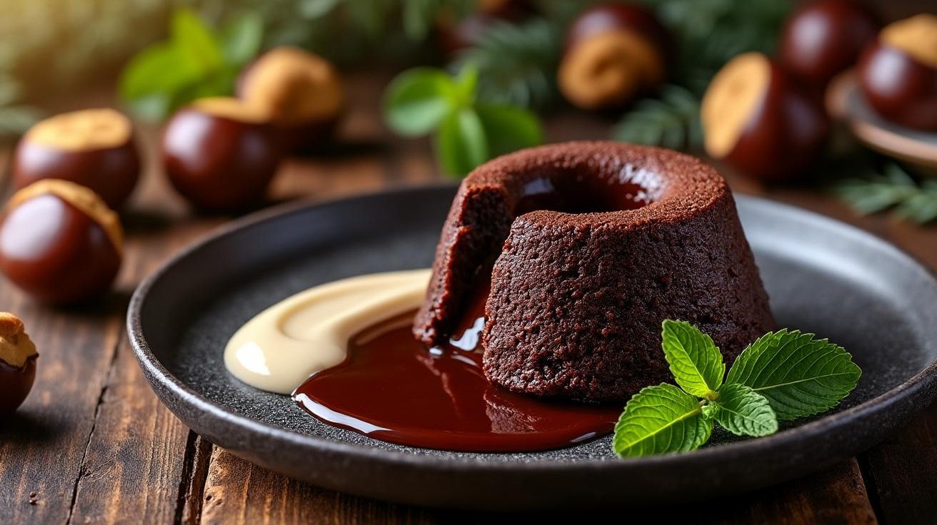 entdecken sie einen unwiderstehlichen klassiker: unser mehlloser fondant vereint zartschmelzende schokolade mit feiner maronencreme – ein hochgenuss für feinschmecker und liebhaber saisonaler desserts.